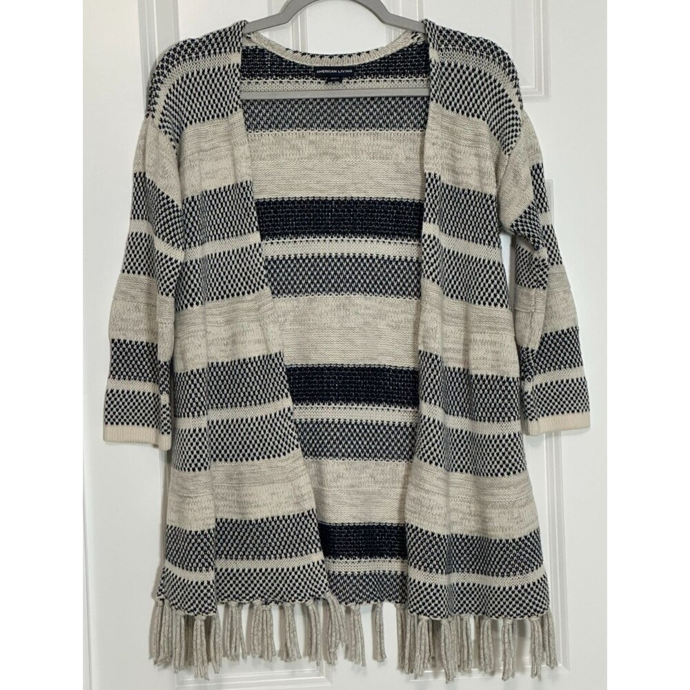 American Living Striped Open Front Fringe Cardigan Sweater M Blue Cream Boho